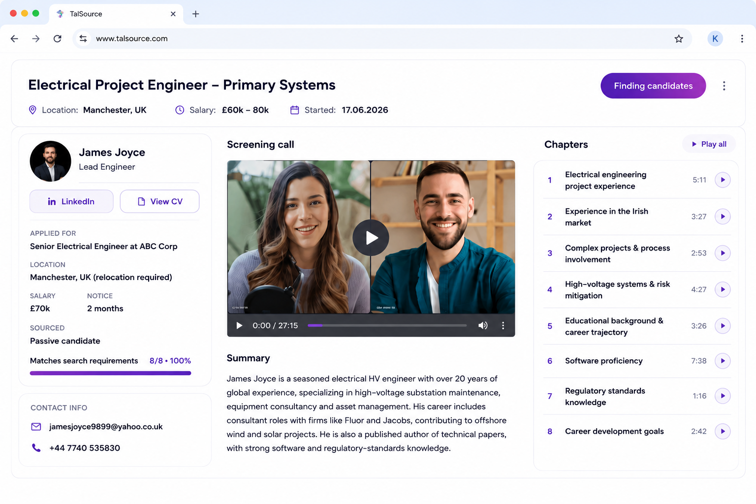 TalSource platform showing a candidate profile, video screening call, and chaptered interview assessment