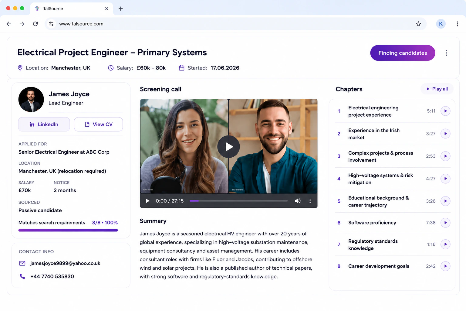 TalSource platform showing a candidate profile, video screening call, and chaptered interview assessment